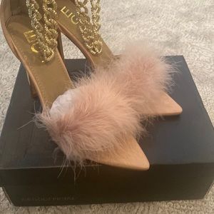 Nude faux fur heels